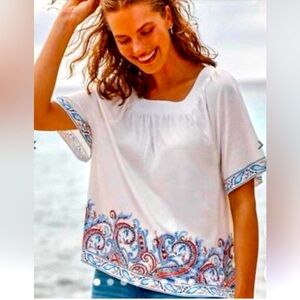 J Jill paisley print flutter sleeve embellished cotton blend white blouse 3X